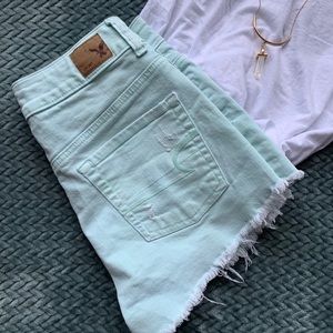 AEO High-Rise Festival Turquoise Distressed Shorts